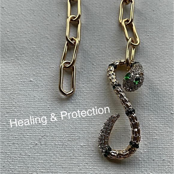 Snake Clasp paper Clip Chain Bracelet Green Eyes Rhinestone Snake. - Picture 3 of 8